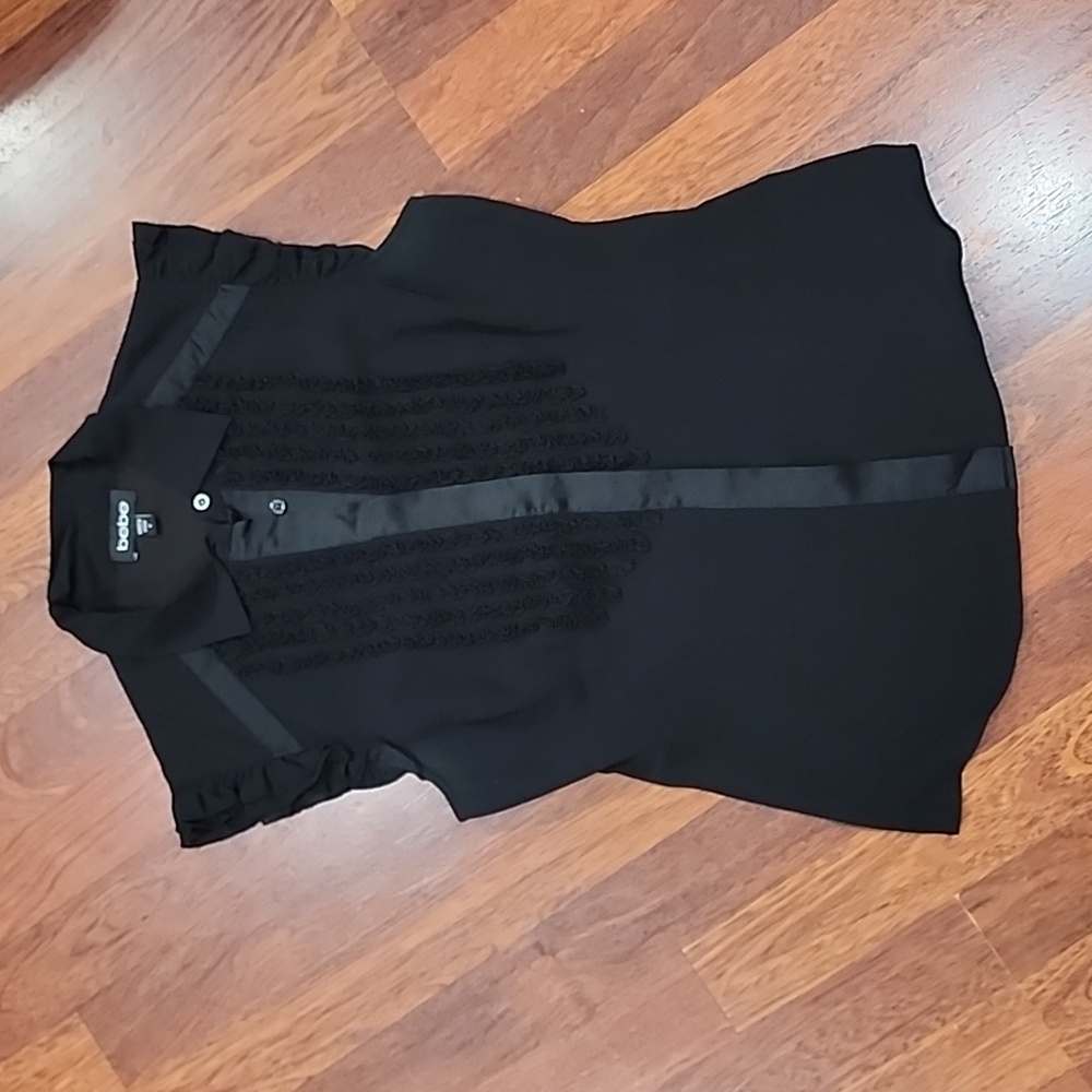 BEBE 100% Silk Tuxedo Ruffle Blouse Black Small